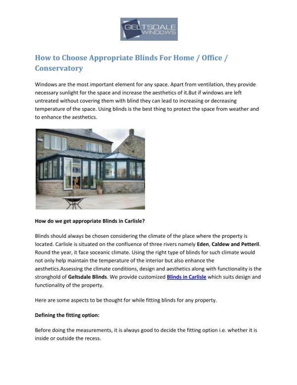 How to Choose Appropriate Blinds For Home / Office / Conservatory