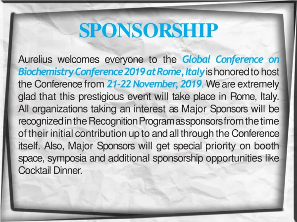 Sponsorship | Biochemistry Conference | Congress | Milan | Italy | 2019