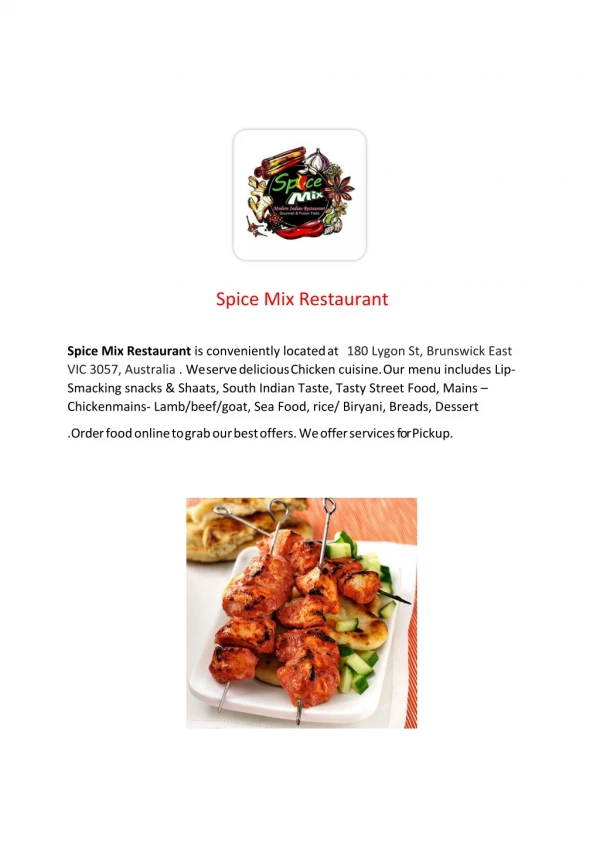 15% Off - Spice Mix Restaurant -Brunswick East - Order Food Online