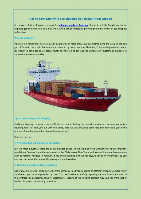 Tips to Save Money in Sea Shipping to Pakistan from London