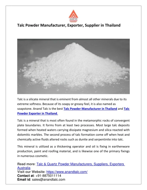 Talc Powder Manufacturer, Exporter, Supplier in Thailand