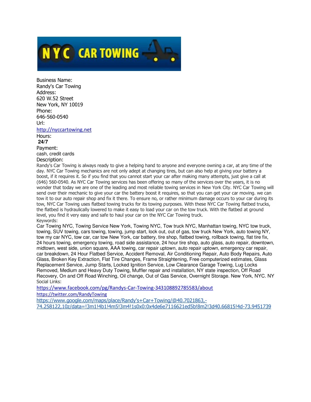 business name randy s car towing address