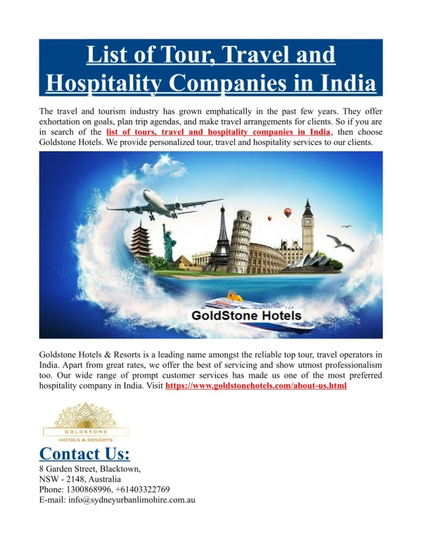 List of Tour, Travel and Hospitality Companies in India