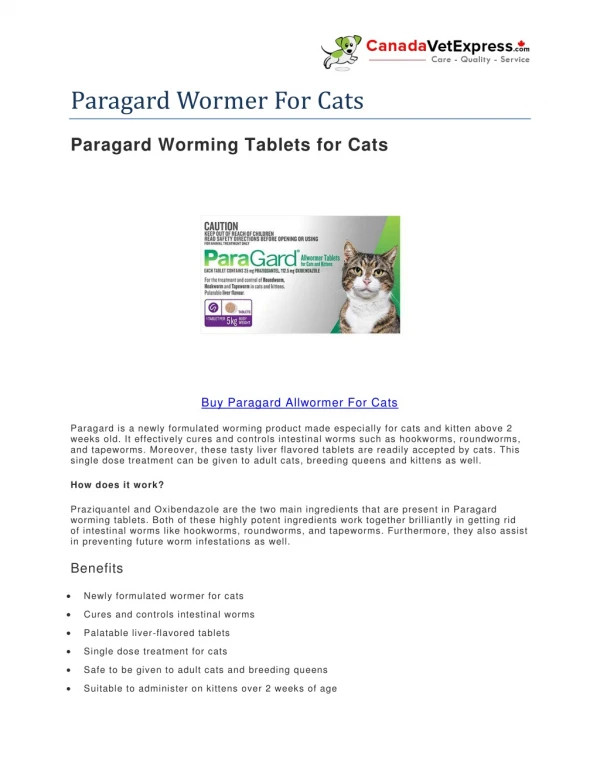 Paragard Wormer For Cats - Canadavetexpress