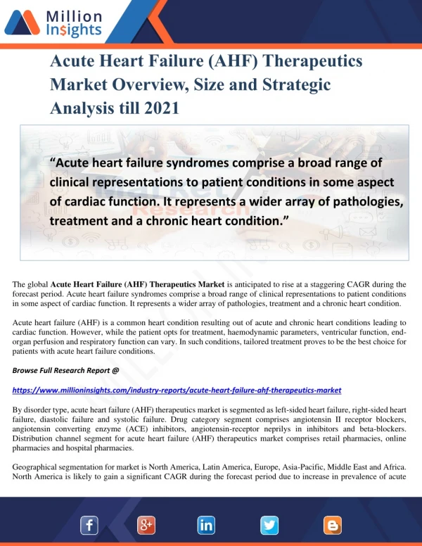 Acute Heart Failure (AHF) Therapeutics Market Overview, Size and Strategic Analysis till 2021