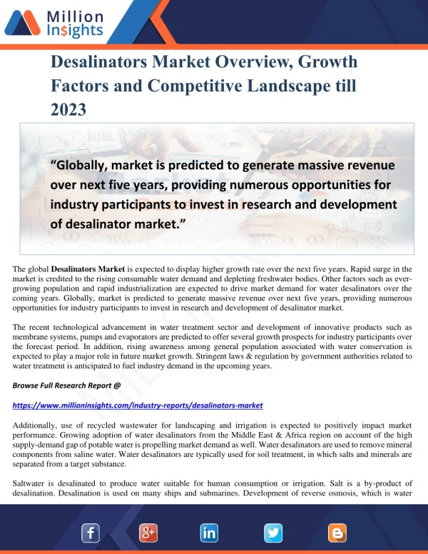 Desalinators Market Overview, Growth Factors and Competitive Landscape till 2023