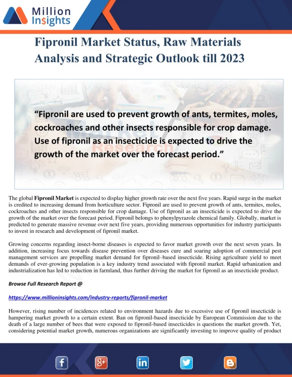 Fipronil Market Status, Raw Materials Analysis and Strategic Outlook till 2023