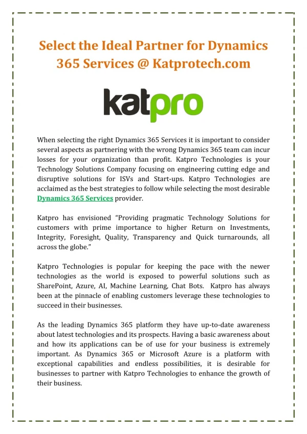 Select the Ideal Partner for Dynamics 365 Services @ Katprotech.com