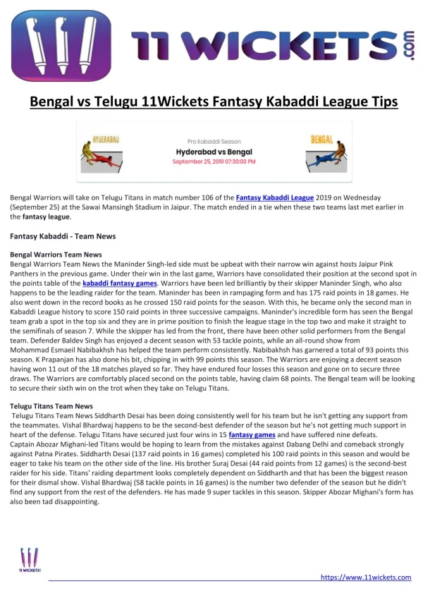 Bengal vs Telugu 11Wickets Fantasy Kabaddi League Tips