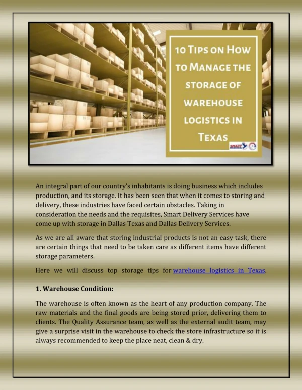 10 Tips on How to Manage the storage of warehouse logistics in Texas