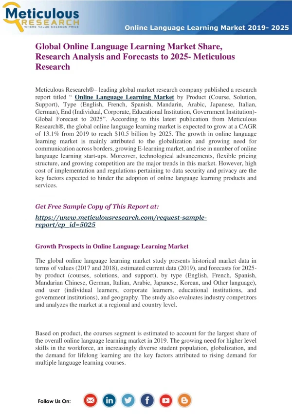 Global Online Language Learning Market Share, Research Analysis and Forecasts to 2025- Meticulous Research