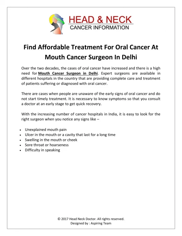 Find Affordable Treatment For Oral Cancer At Mouth Cancer Surgeon In Delhi
