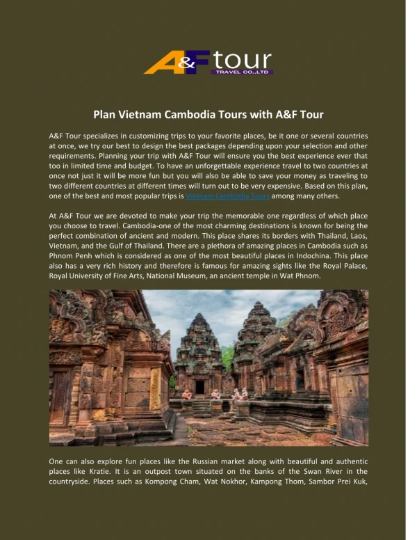 Plan Vietnam Cambodia Tours with A&F Tour