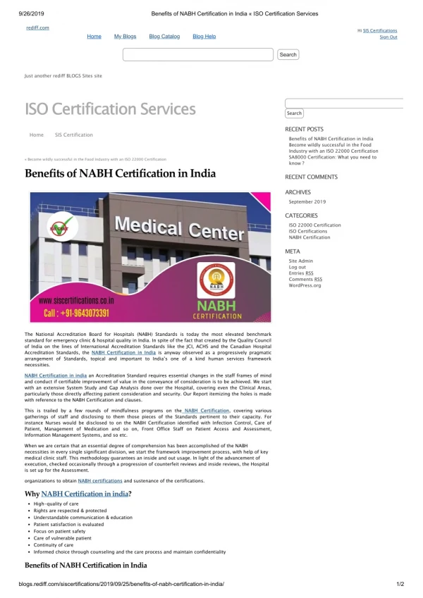 What are the benefits of NABH Certification in India ?