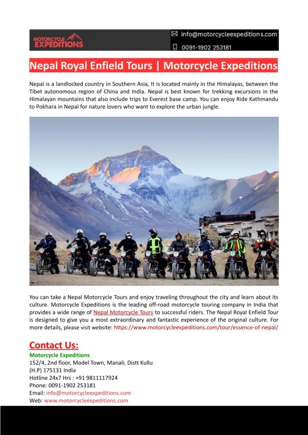 Nepal Royal Enfield Tours-Motorcycle Expeditions
