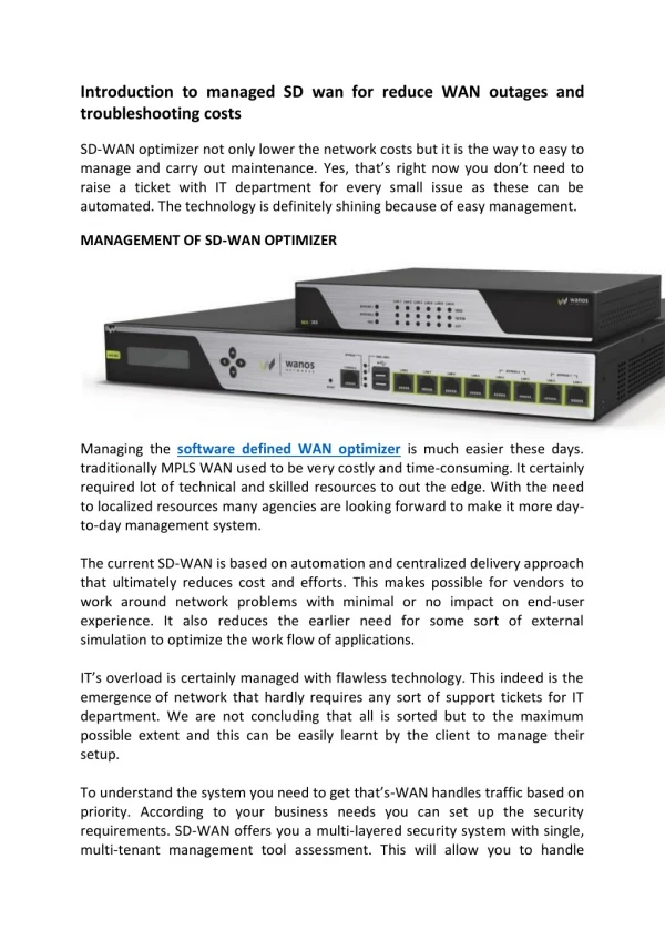 Introduction to managed SD wan for reduce WAN outages and troubleshooting costs