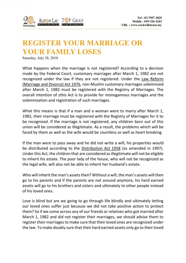 REGISTER YOUR MARRIAGE OR YOUR FAMILY LOSES
