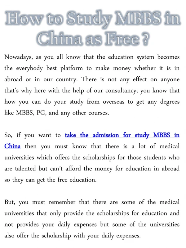 How to Study MBBS in China as Free ?