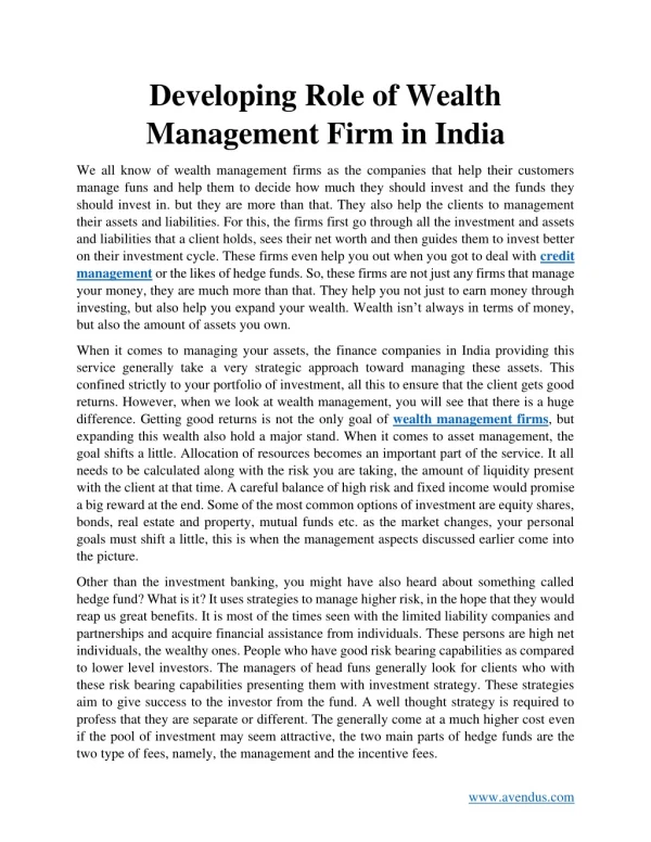Developing Role of Wealth Management Firm in India