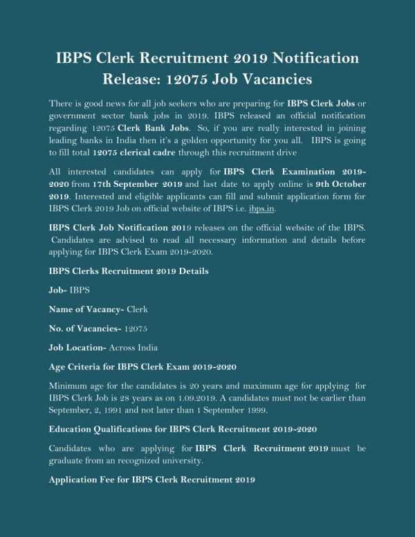 IBPS Clerk Recruitment 2019 Notification Release: 12075 Job Vacancies