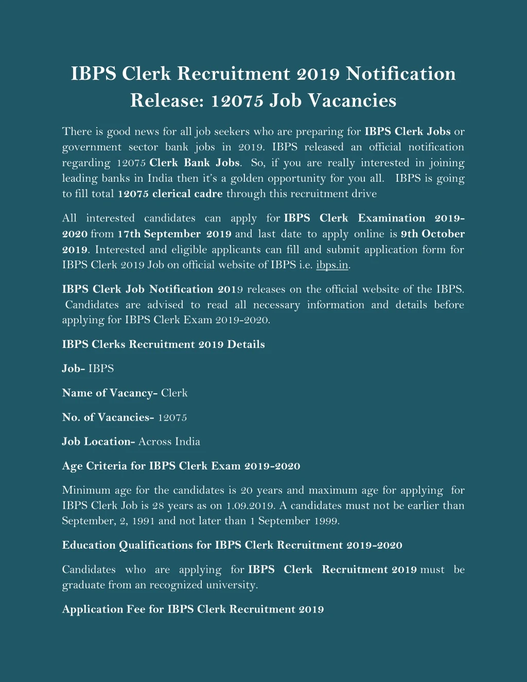 ibps clerk recruitment 2019 notification release