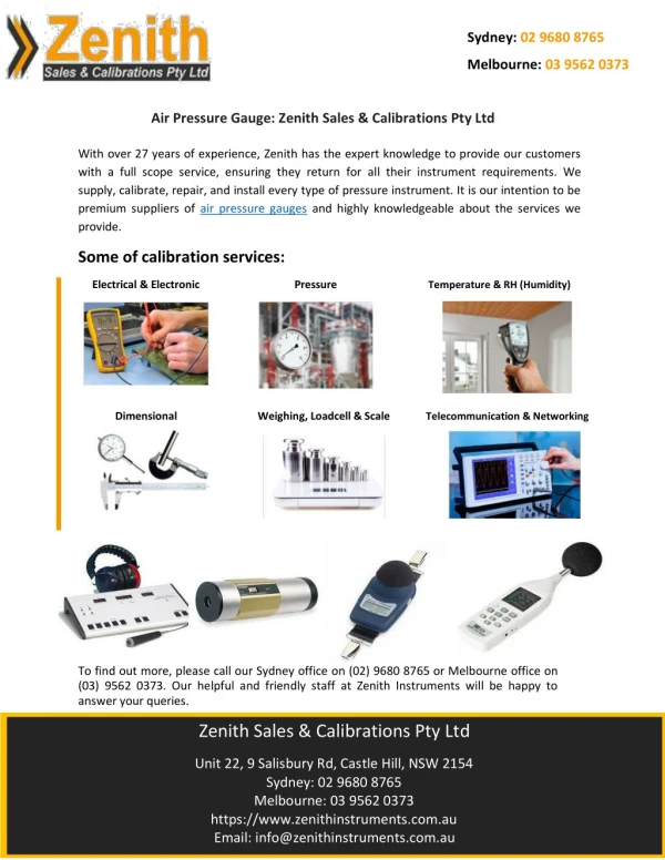 Air Pressure Gauge: Zenith Sales & Calibrations Pty Ltd