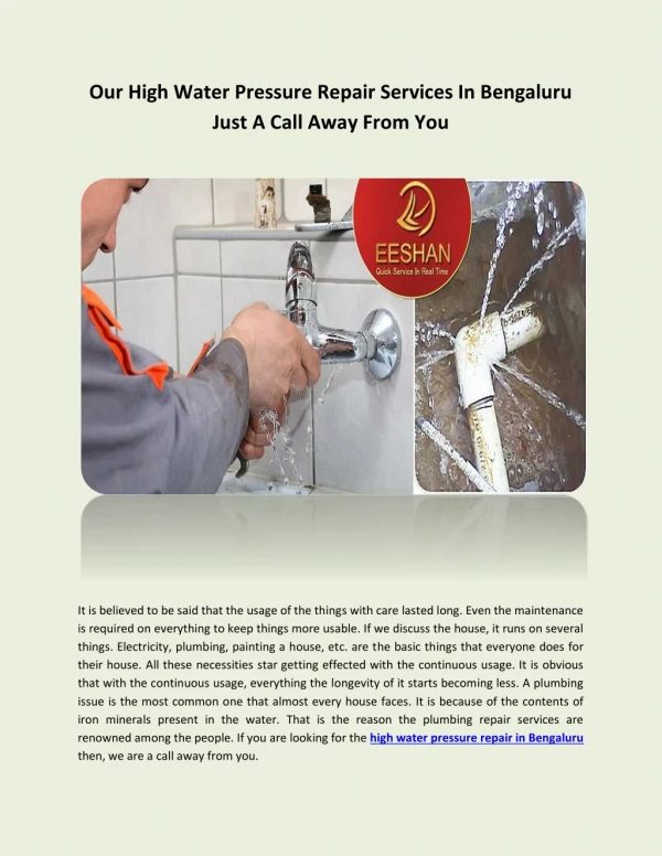 Our High Water Pressure Repair In Bengaluru Just A Call Away From You