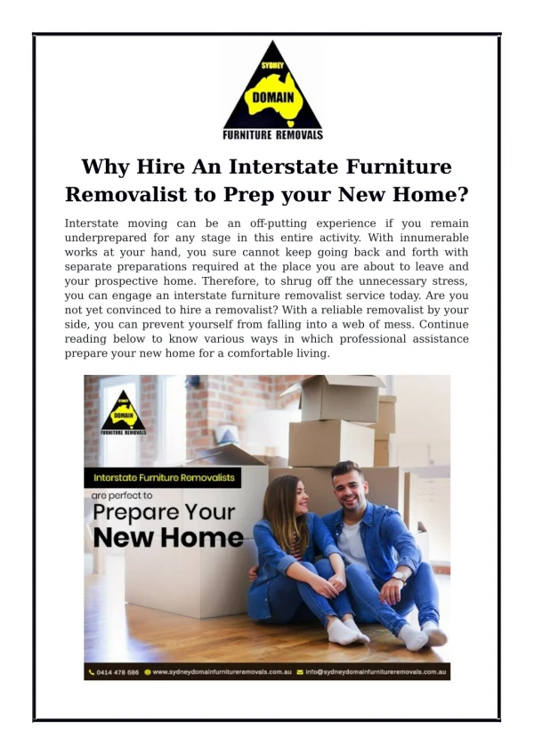Why Hire An Interstate Furniture Removalist to Prep your New Home?