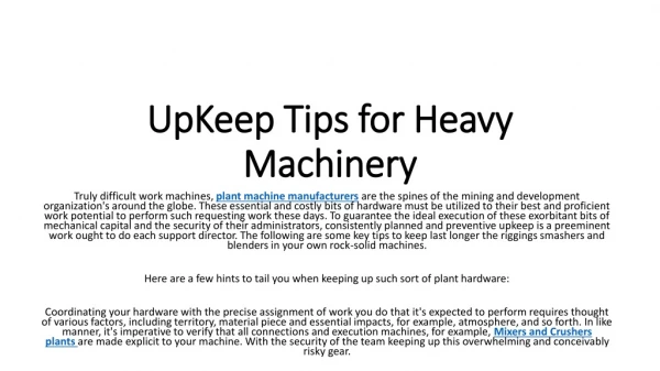 UpKeep Tips for Heavy Machinery