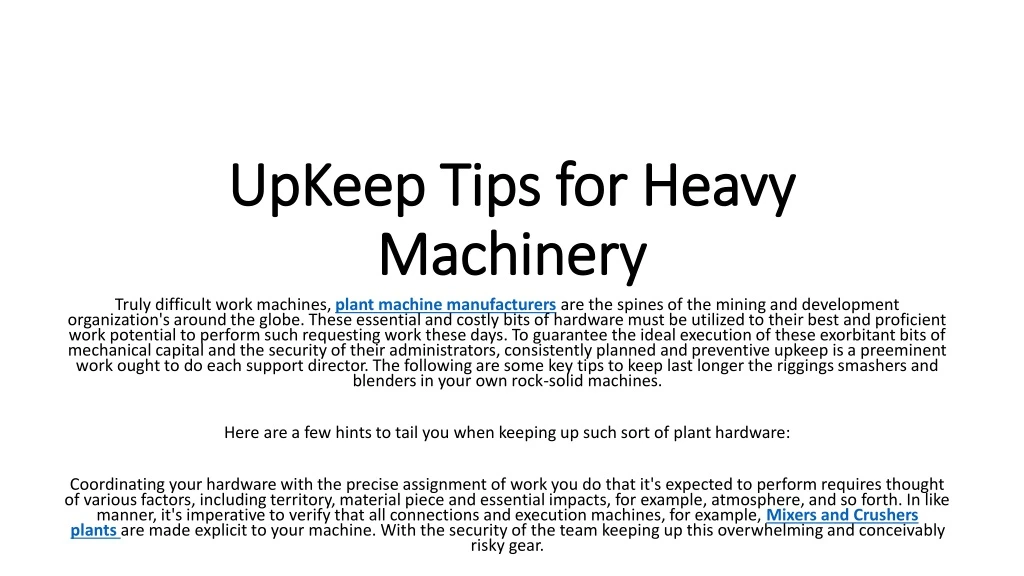 upkeep tips for heavy machinery
