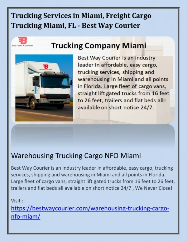 Trucking Services in Miami, Freight Cargo Trucking Miami, FL