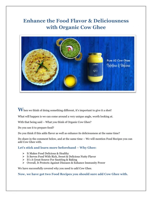 Enhance the Food Flavor & Deliciousness with Organic Cow Ghee