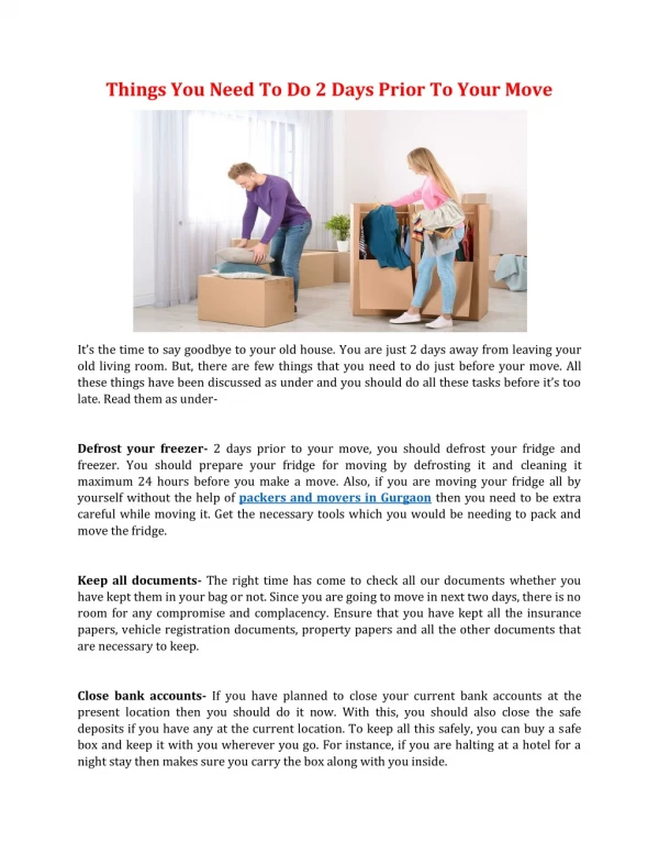 Things You Need To Do 2 Days Prior To Your Move