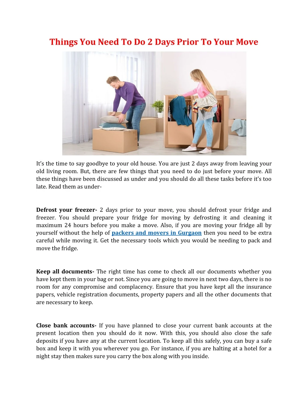 things you need to do 2 days prior to your move