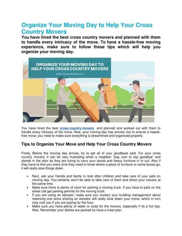 Organize Your Moving Day to Help Your Cross Country Movers