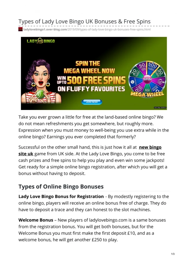 Types of Lady Love Bingo UK Bonuses & Free Spins