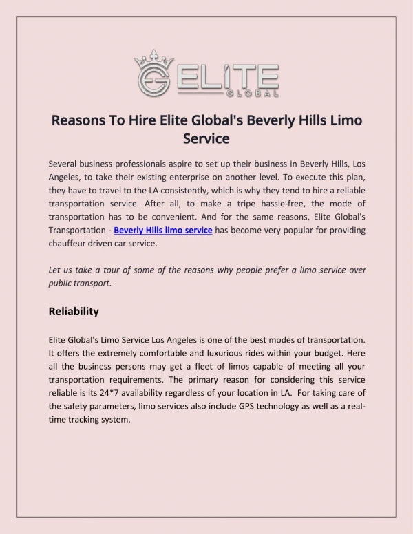 Reasons To Hire Elite Global's Beverly Hills Limo Service