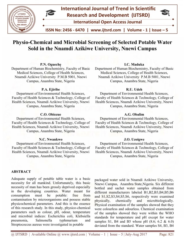 Physio Chemical and Microbial Screening of Selected Potable Water Sold in the Nnamdi Azikiwe University, Nnewi Campus