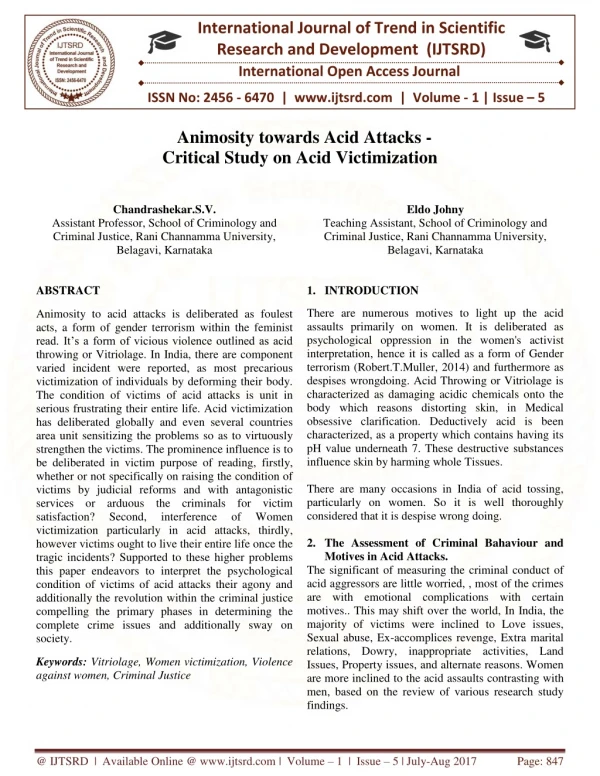 Animosity towards Acid Attacks Critical Study on Acid Victimization