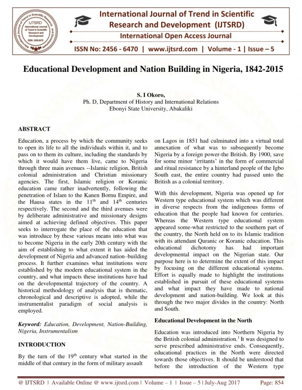 Educational Development and Nation Building in Nigeria, 1842 2015