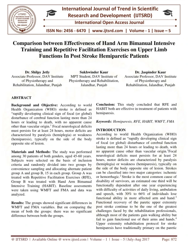 Comparison between Effectiveness of Hand Arm Bimanual Intensive Training and Repetitive Facilitation Exercises on Upper