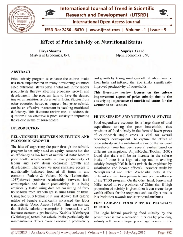 Effect of Price Subsidy on Nutritional Status