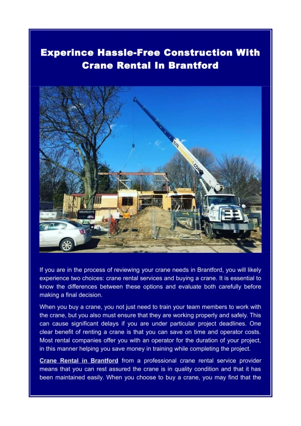 Experince Hassle-Free Construction With Crane Rental In Brantford
