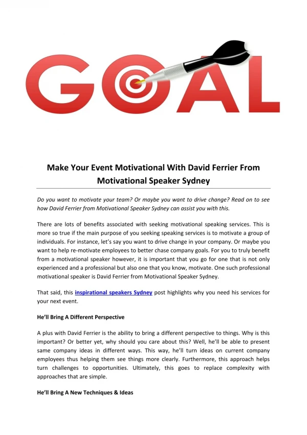 Make Your Event Motivational With David Ferrier From Motivational Speaker Sydney