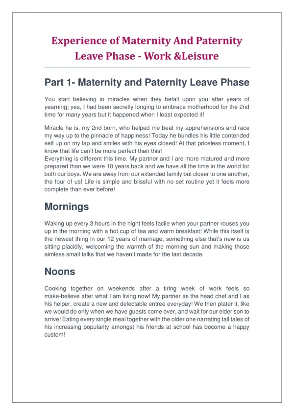 Experience of Maternity And Paternity Leave Phase - Work & Leisure
