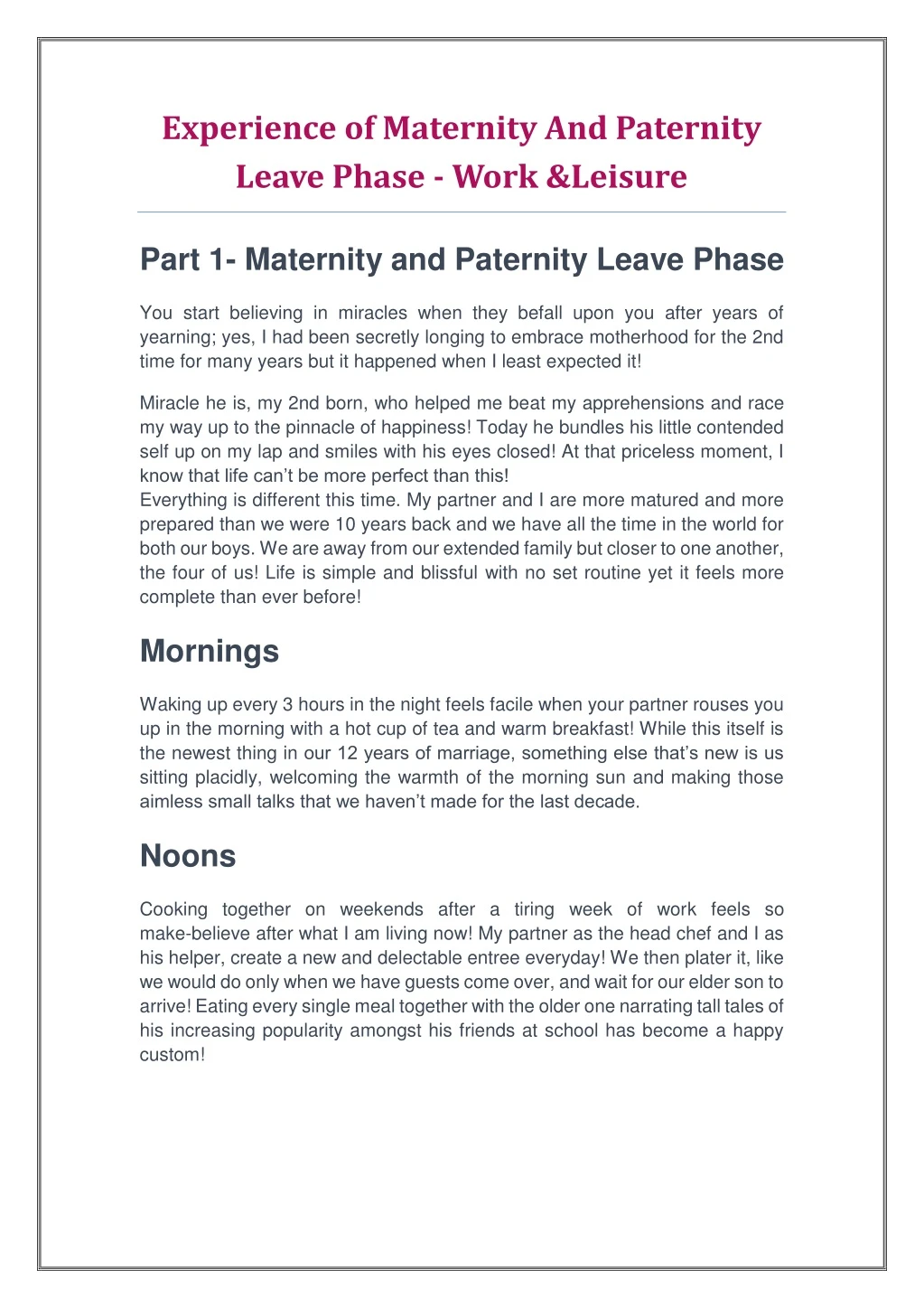 experience of maternity and paternity leave phase