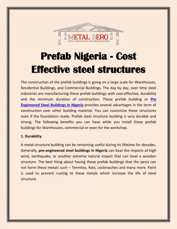 Prefab Nigeria - Cost Effective steel structures