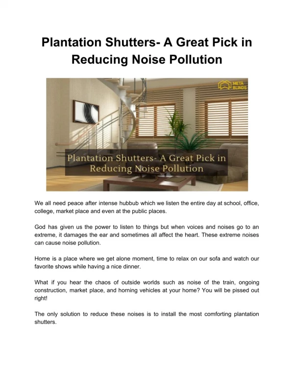Plantation Shutters- A Great Pick in Reducing Noise Pollution