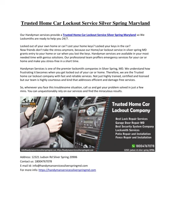 Home Car Lockout Service Silver Spring Maryland