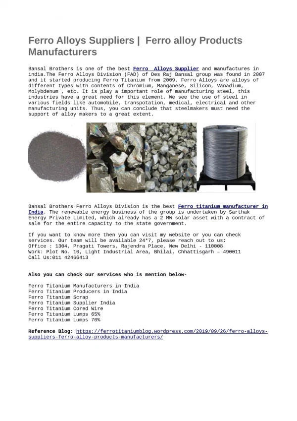 Ferro Alloys Suppliers | Ferro alloy Products Manufacturers